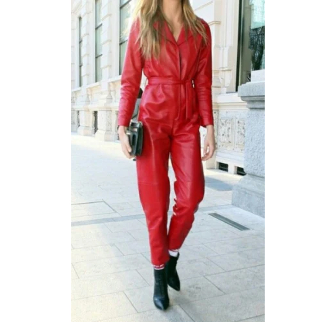 Women Genuine Leather Catsuit Jumpsuit Red High Waist With Belt